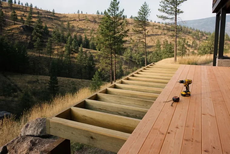 Cedar deck construction in progress above Okanagan hills