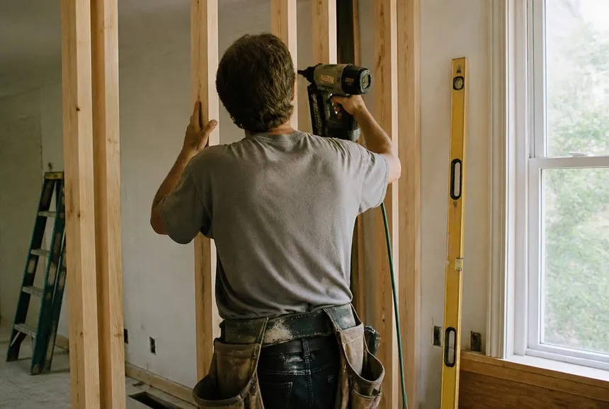 Carpenter framing a new interior wall during a renovation