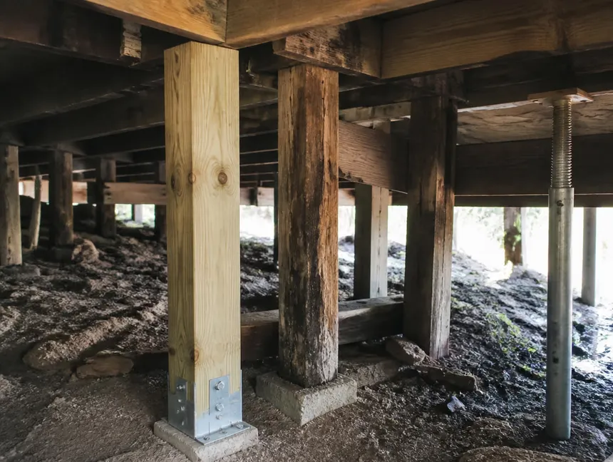 New pressure-treated support post installed during structural repair under a deck
