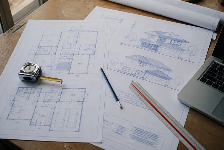 House plans and drawing tools on a drafting table